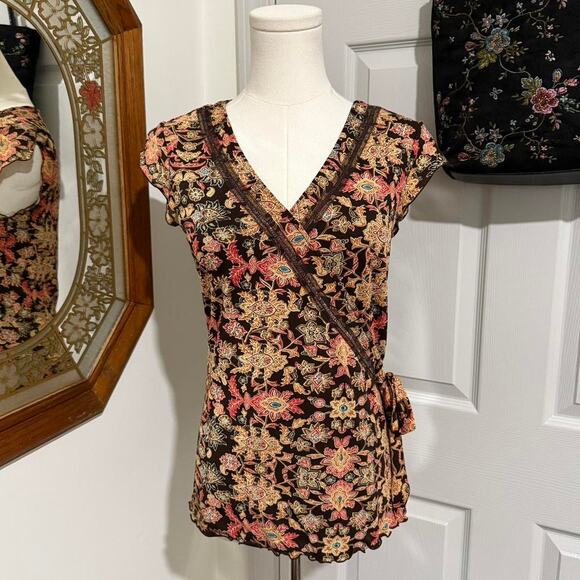 Style & Co Dark Brown & Orange Boho Floral Pattern Faux Wrap Mesh Fairy Top S - Picture 1 of 8